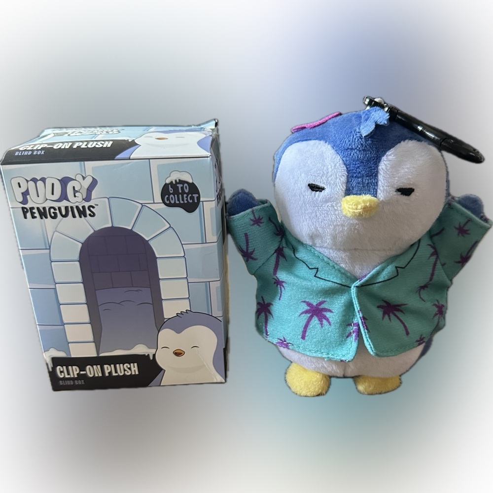 Pudgy Penguins Clip on Plush Penguin Hawaiian Shirt & Pink Flower 5”
